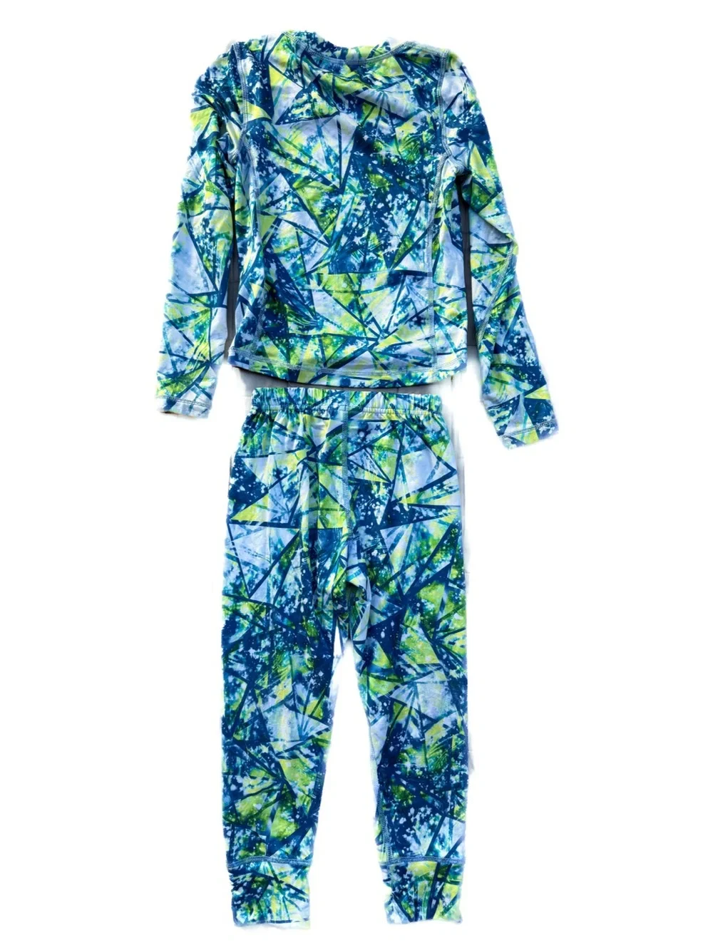 Lands End Kids 2-Piece Long Sleeve Pajama Set 4/5 Teal Geometric Silky Boy Girl - Picture 2 of 4